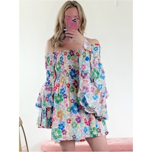 Mochi Dress Women Small Floral Red Blue Yellow Smocked Flare Sleeve Off Shoulder - Picture 3 of 16